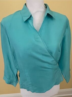 Finity Silk Turquoise Wrap-Front Blouse with Collar